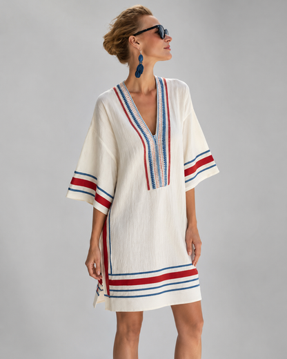 Women's Cotton-Linen Kaftan Dress – Intricate Bohemian Embroidery, Relaxed Fit
