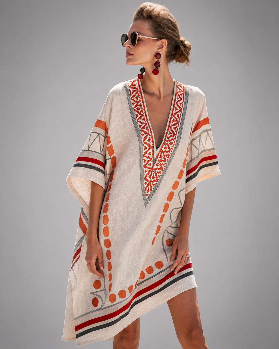 Women's Cotton-Linen Kaftan Dress – Intricate Bohemian Embroidery, Relaxed Fit