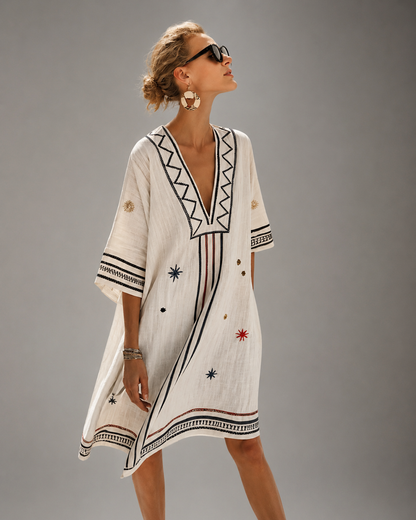 Women's Cotton-Linen Kaftan Dress – Intricate Bohemian Embroidery, Relaxed Fit
