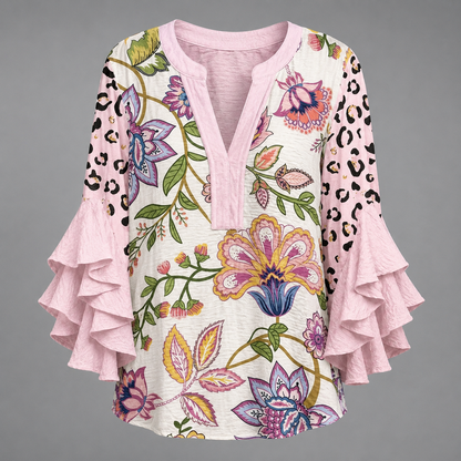 Women's Lightweight Summer Blouse – Fresh Print with Ruffled Sleeves