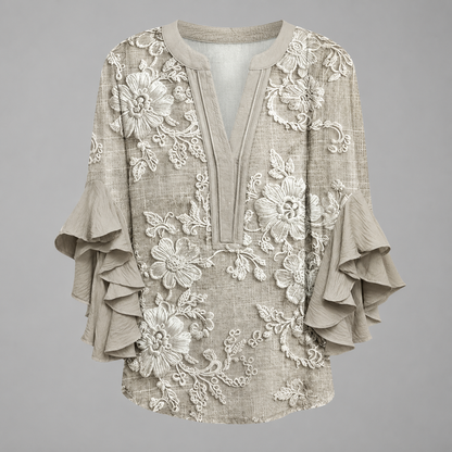Women's Lightweight Summer Blouse – Fresh Print with Ruffled Sleeves