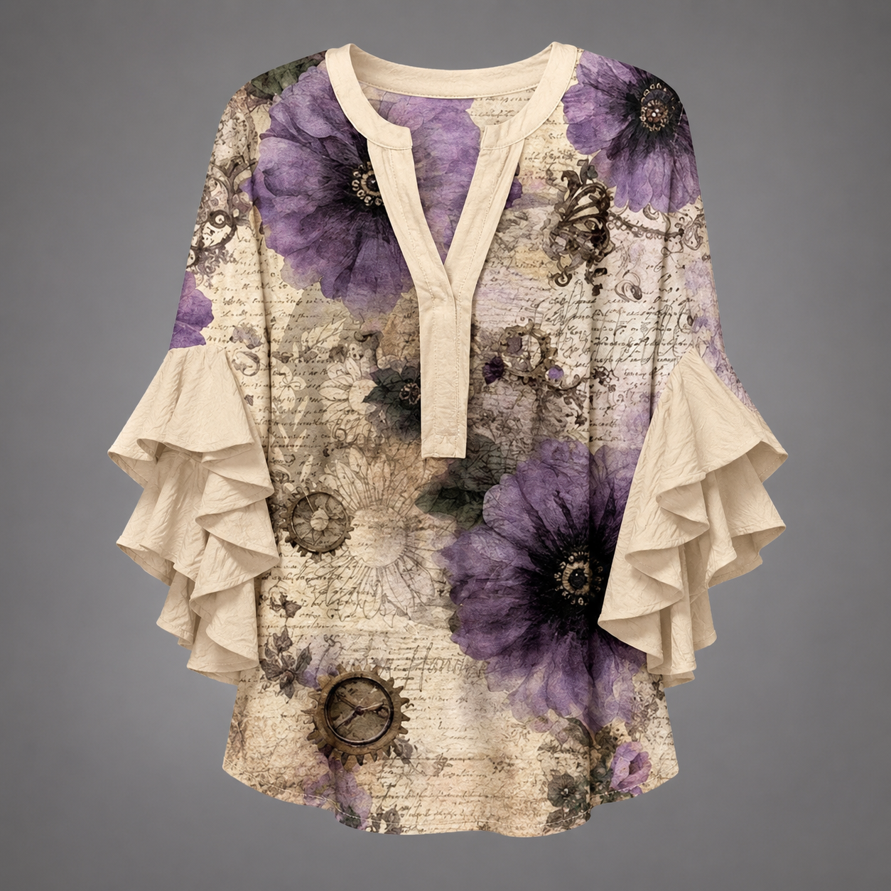 Women's Lightweight Summer Blouse – Fresh Print with Ruffled Sleeves