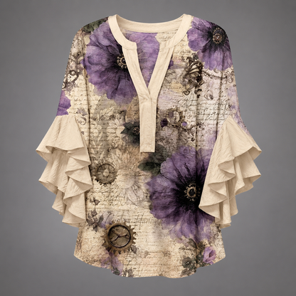 Women's Lightweight Summer Blouse – Fresh Print with Ruffled Sleeves