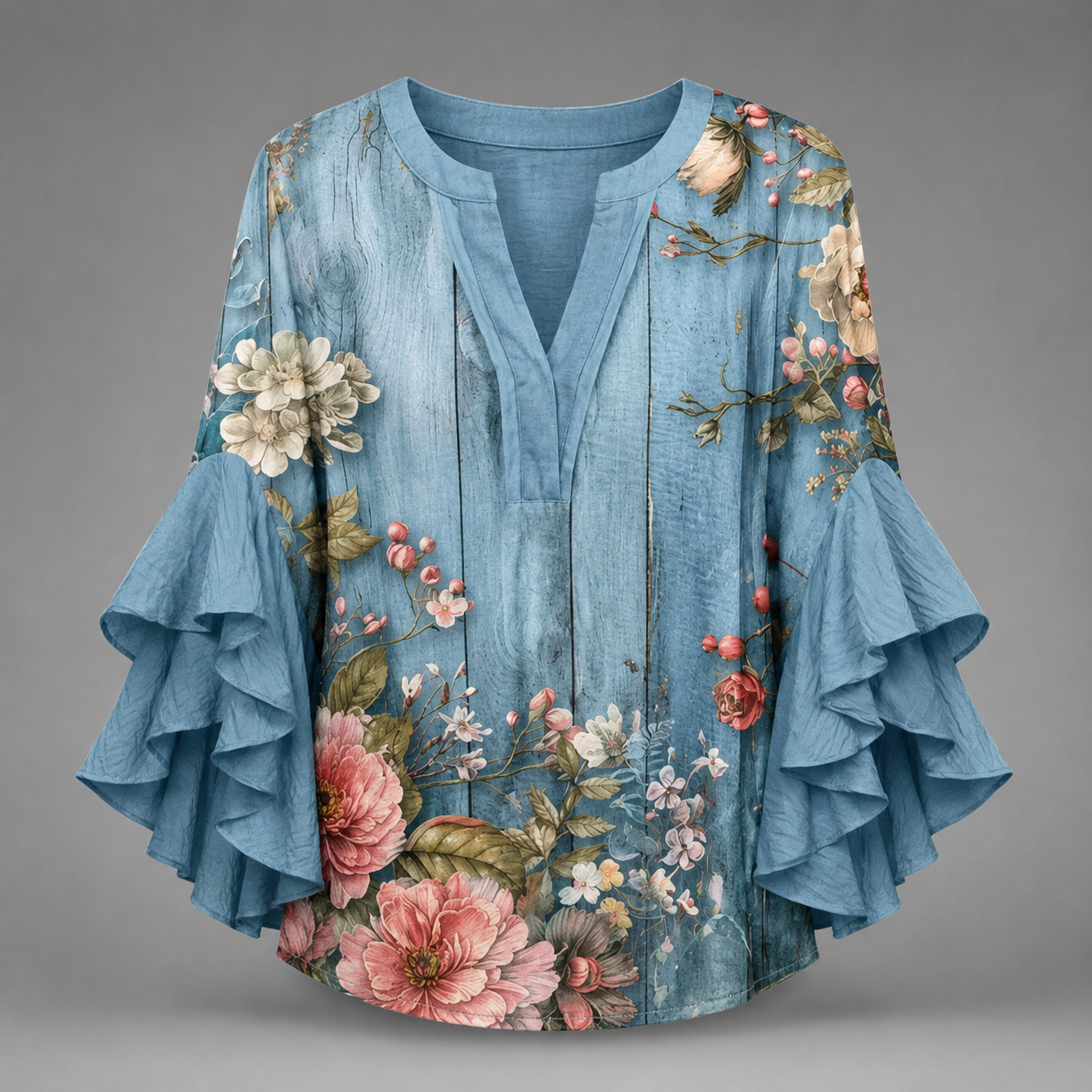 Women's Lightweight Summer Blouse – Fresh Print with Ruffled Sleeves