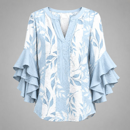 Women's Lightweight Summer Blouse – Fresh Print with Ruffled Sleeves
