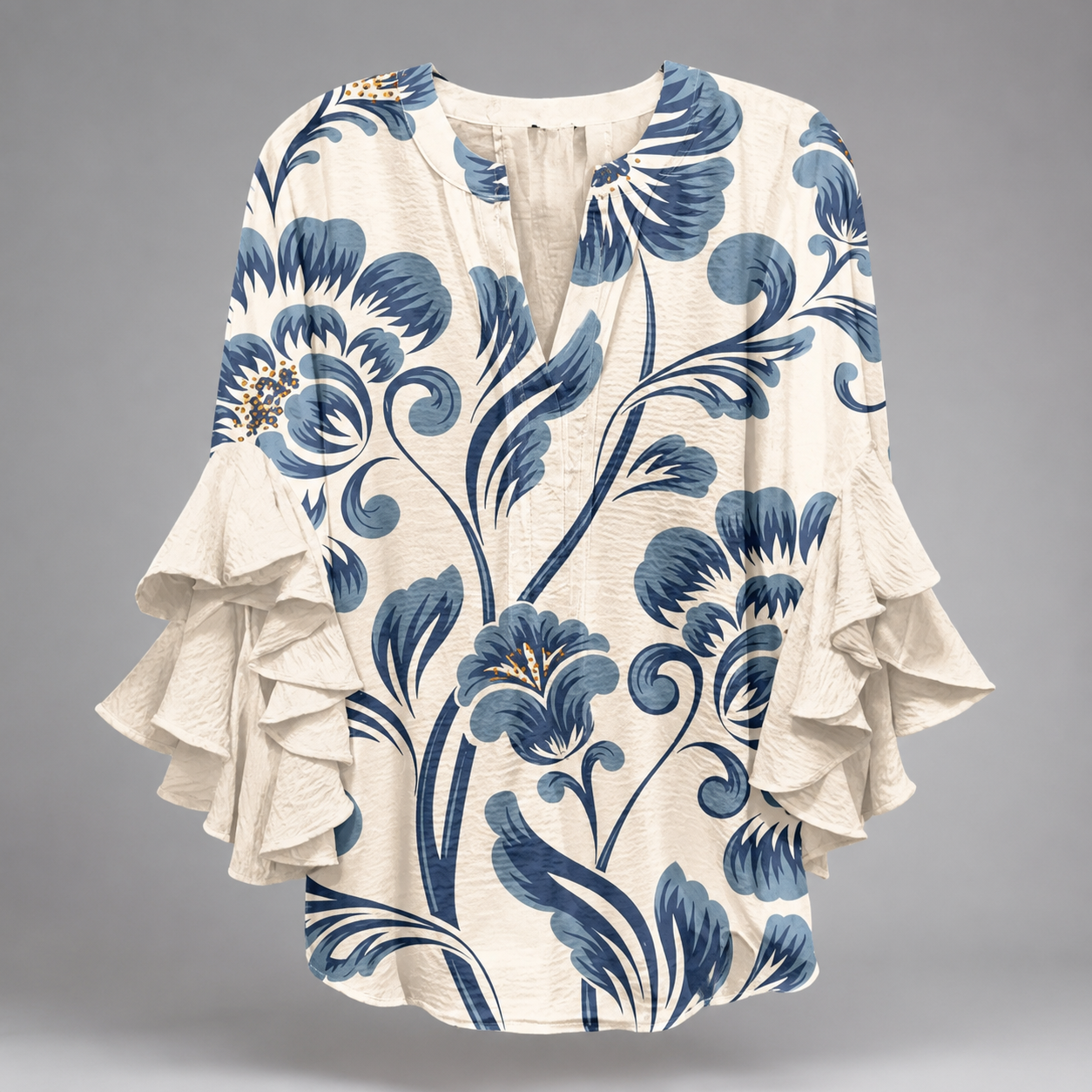 Women's Lightweight Summer Blouse – Fresh Print with Ruffled Sleeves