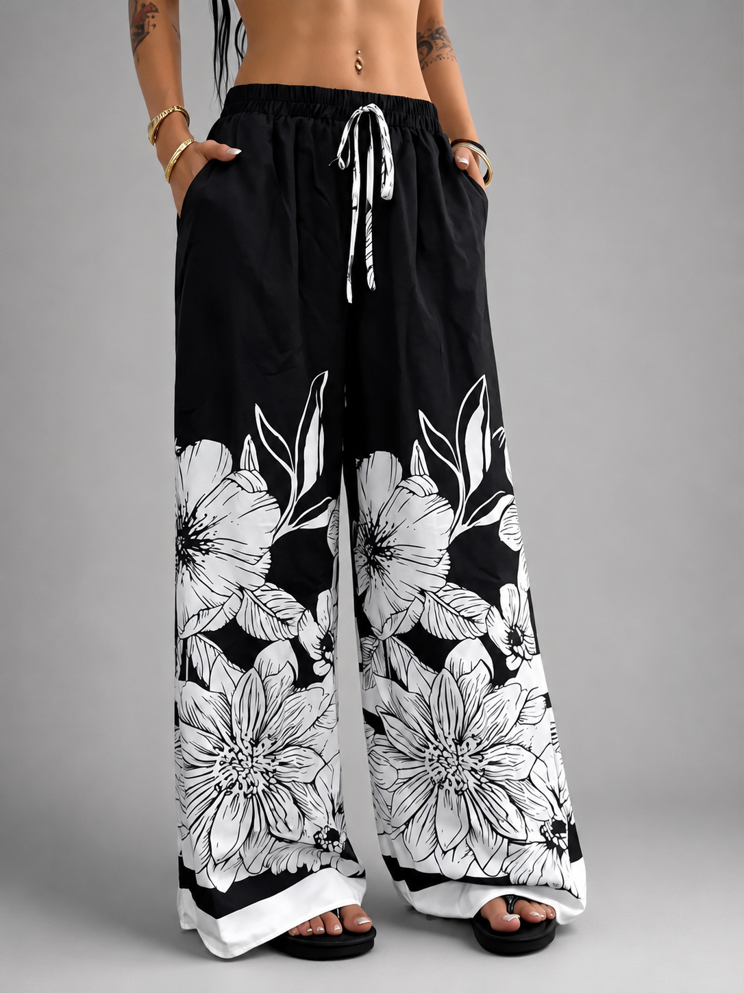 Women's Large-Sized Printed Wide Leg Pants – Relaxed Fit with Tie Waist