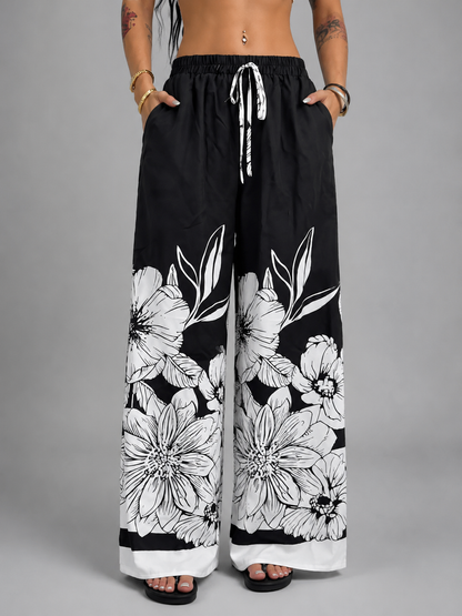 Women's Large-Sized Printed Wide Leg Pants – Relaxed Fit with Tie Waist