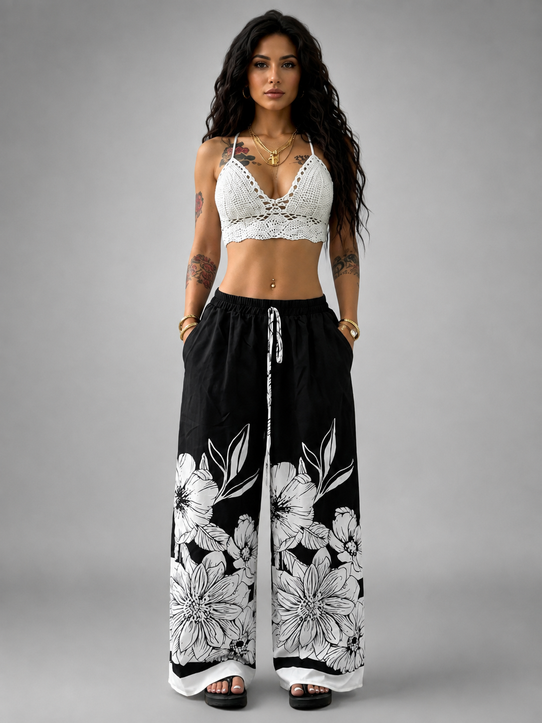 Women's Large-Sized Printed Wide Leg Pants – Relaxed Fit with Tie Waist