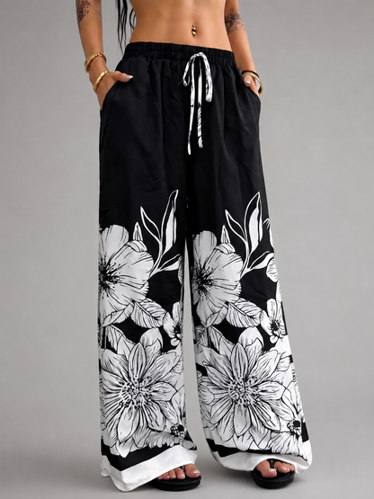 Women's Large-Sized Printed Wide Leg Pants – Relaxed Fit with Tie Waist