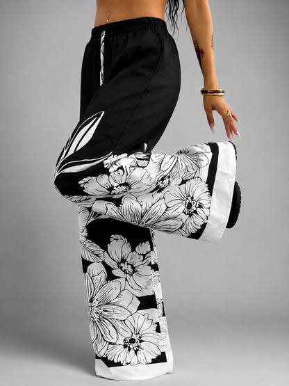 Women's Large-Sized Printed Wide Leg Pants – Relaxed Fit with Tie Waist