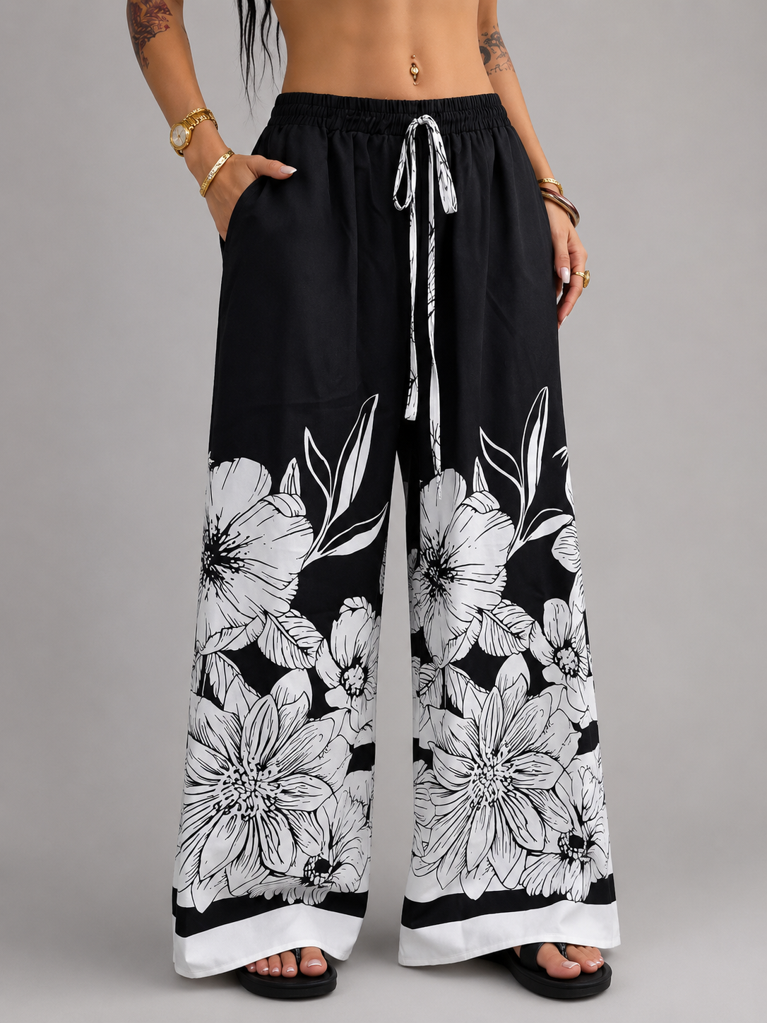 Women's Large-Sized Printed Wide Leg Pants – Relaxed Fit with Tie Waist