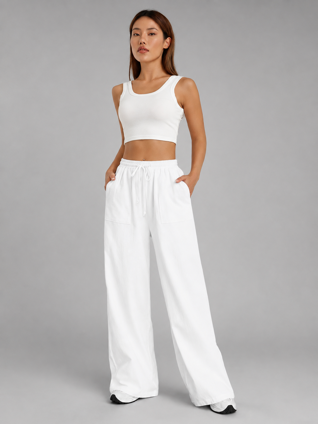 Women's Loose High-Waisted Wide Leg Pants – Drawstring Closure with Pockets