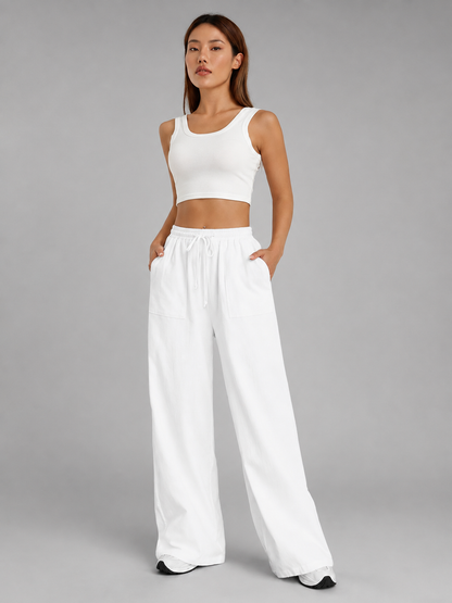 Women's Loose High-Waisted Wide Leg Pants – Drawstring Closure with Pockets