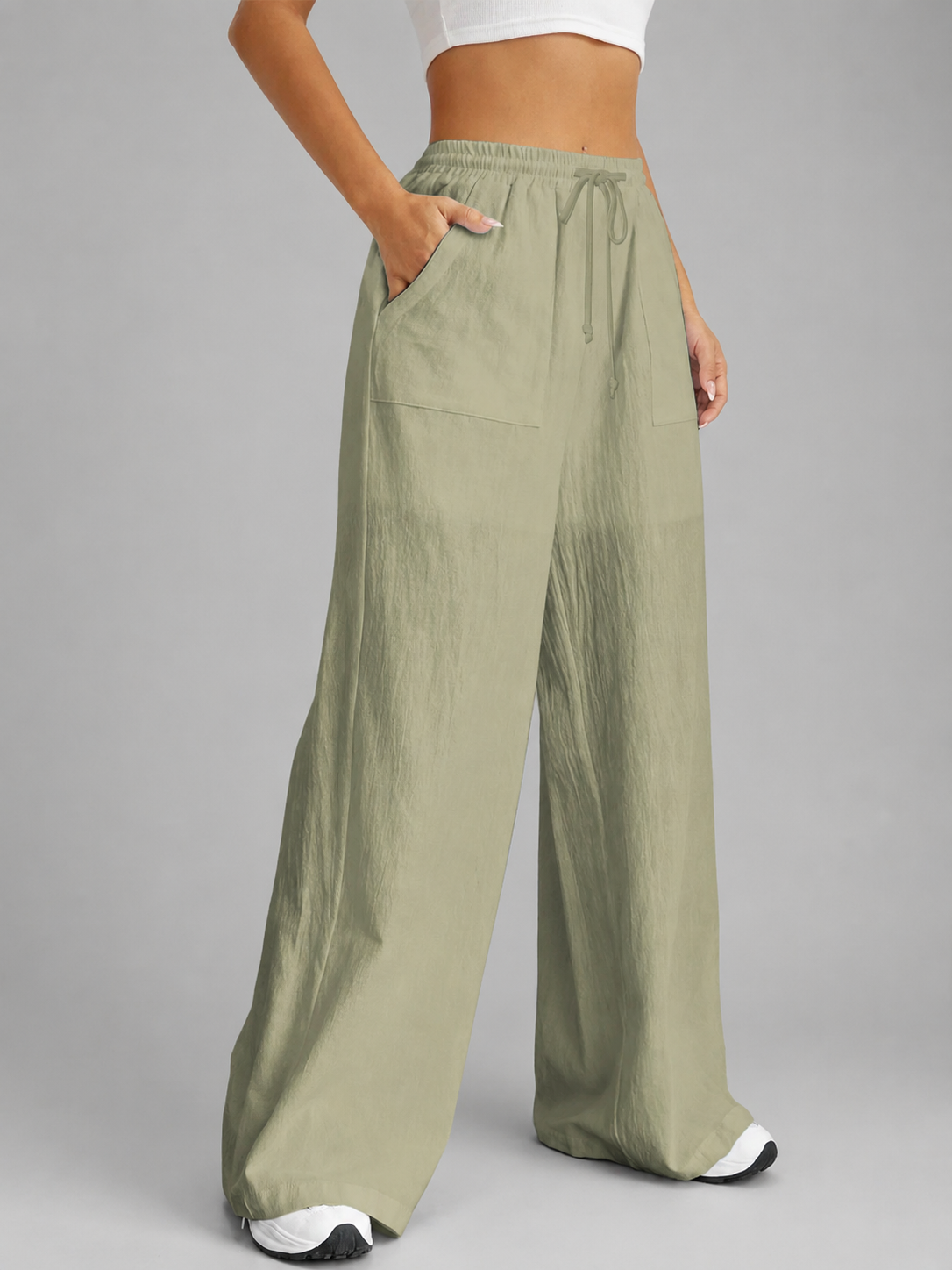 Women's Loose High-Waisted Wide Leg Pants – Drawstring Closure with Pockets
