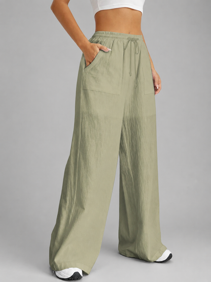 Women's Loose High-Waisted Wide Leg Pants – Drawstring Closure with Pockets