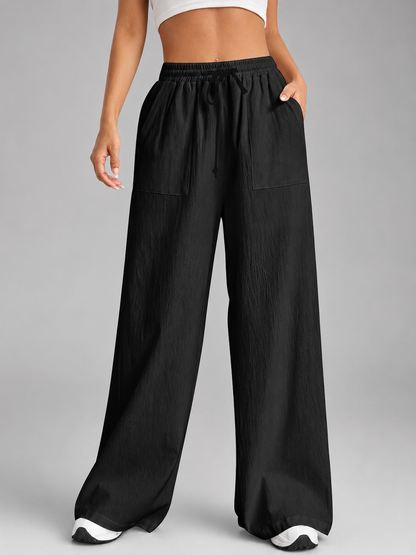 Women's Loose High-Waisted Wide Leg Pants – Drawstring Closure with Pockets