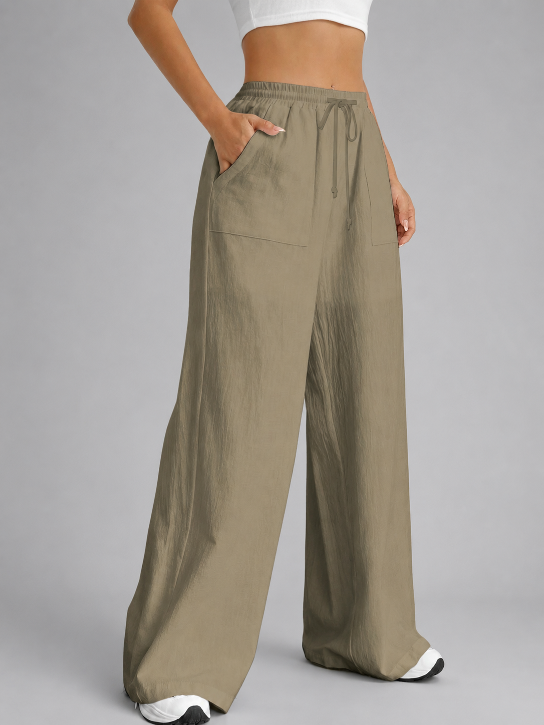 Women's Loose High-Waisted Wide Leg Pants – Drawstring Closure with Pockets