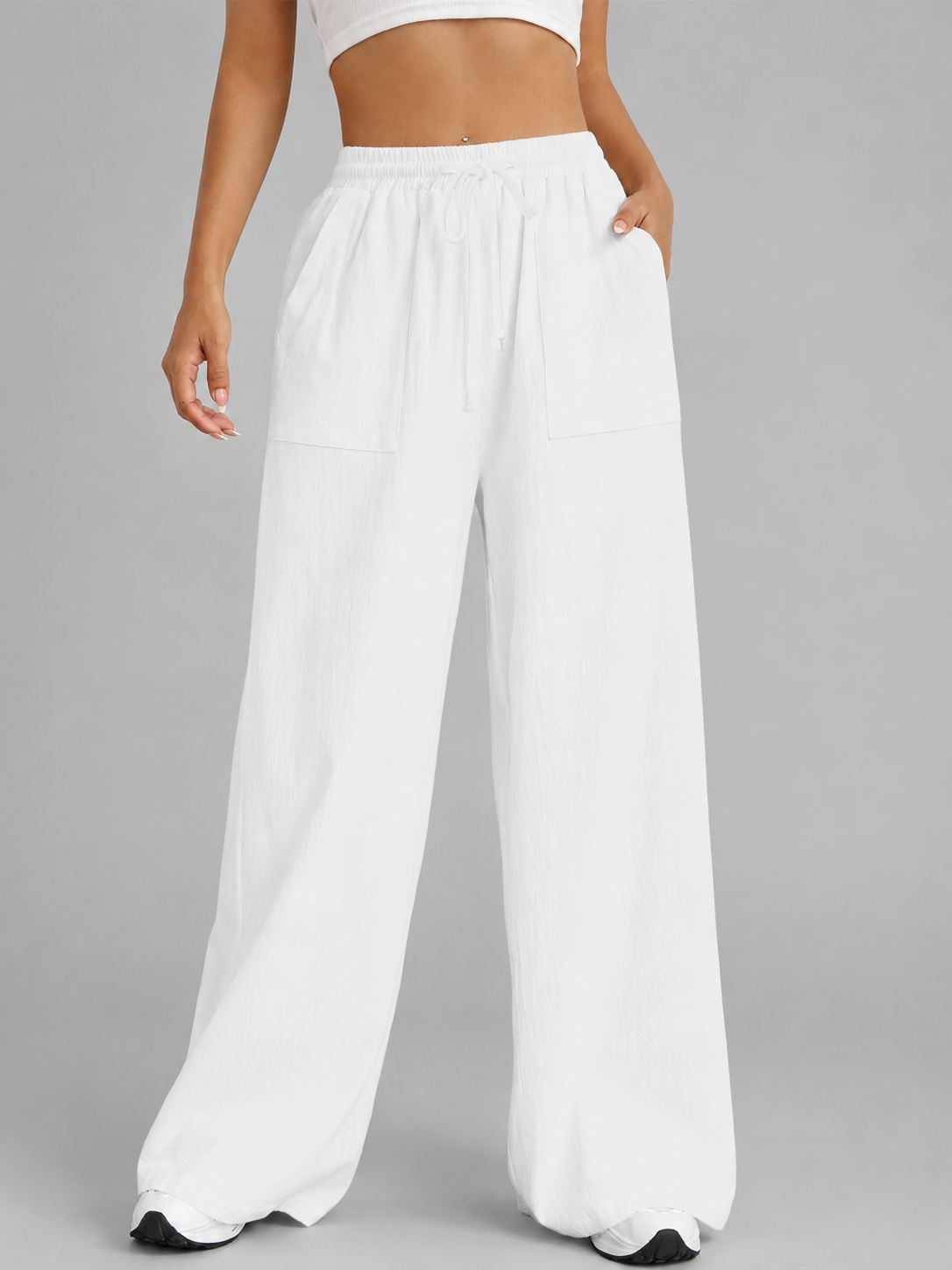 Women's Loose High-Waisted Wide Leg Pants – Drawstring Closure with Pockets