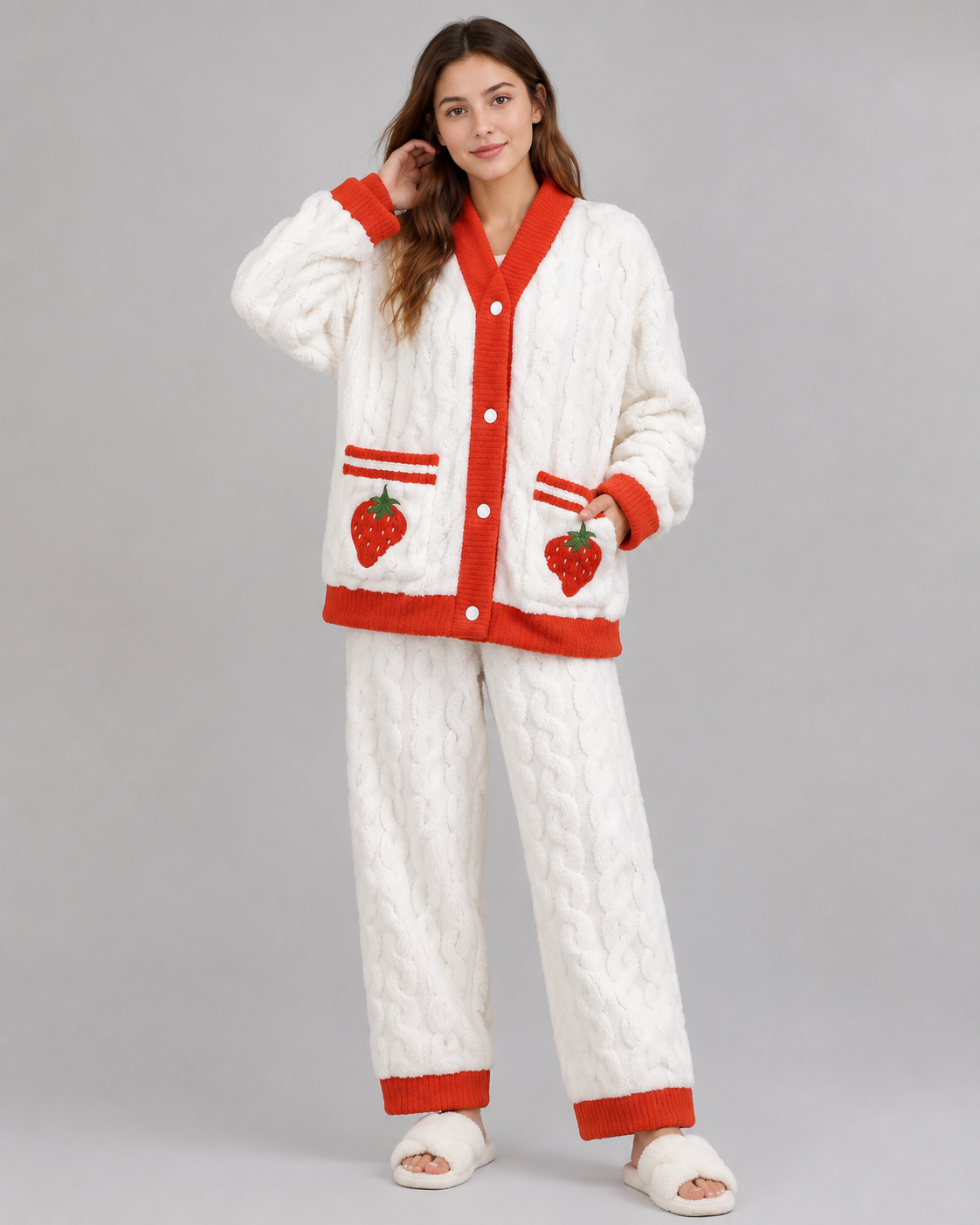 Women's Flannel Coral Velvet Pajama Set – V-Neck Design with Strawberry Pattern