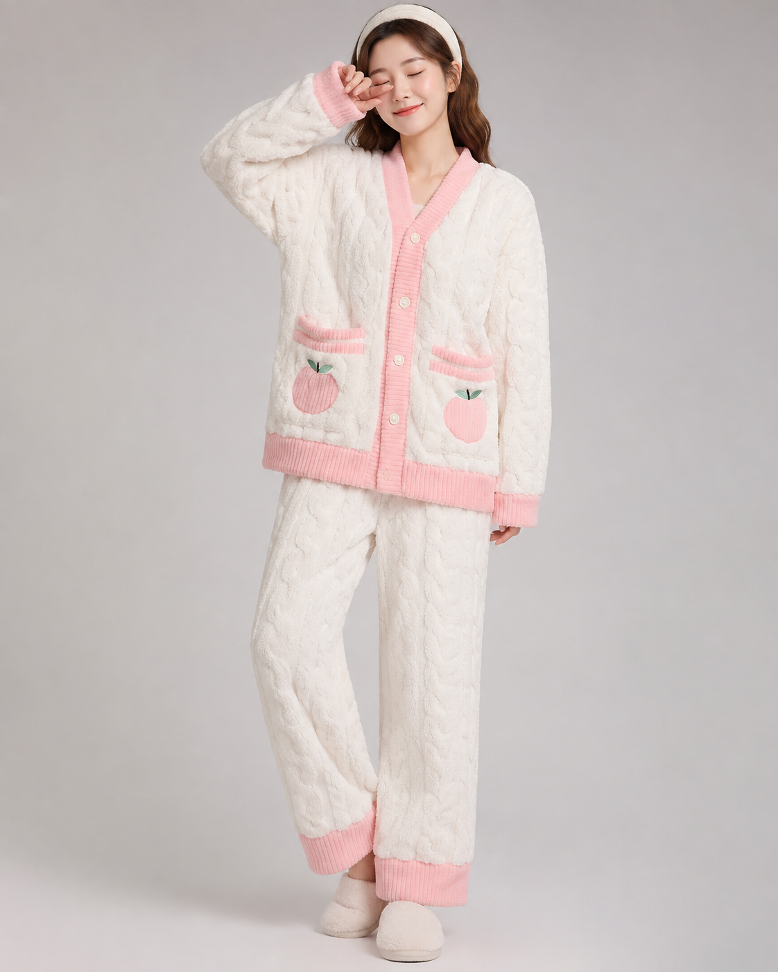 Women's Flannel Coral Velvet Pajama Set – V-Neck Design with Strawberry Pattern
