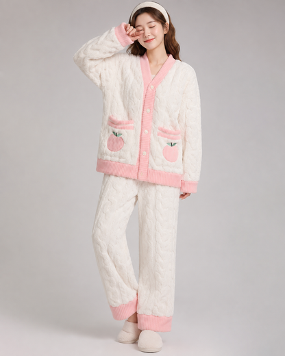 Women's Flannel Coral Velvet Pajama Set – V-Neck Design with Strawberry Pattern