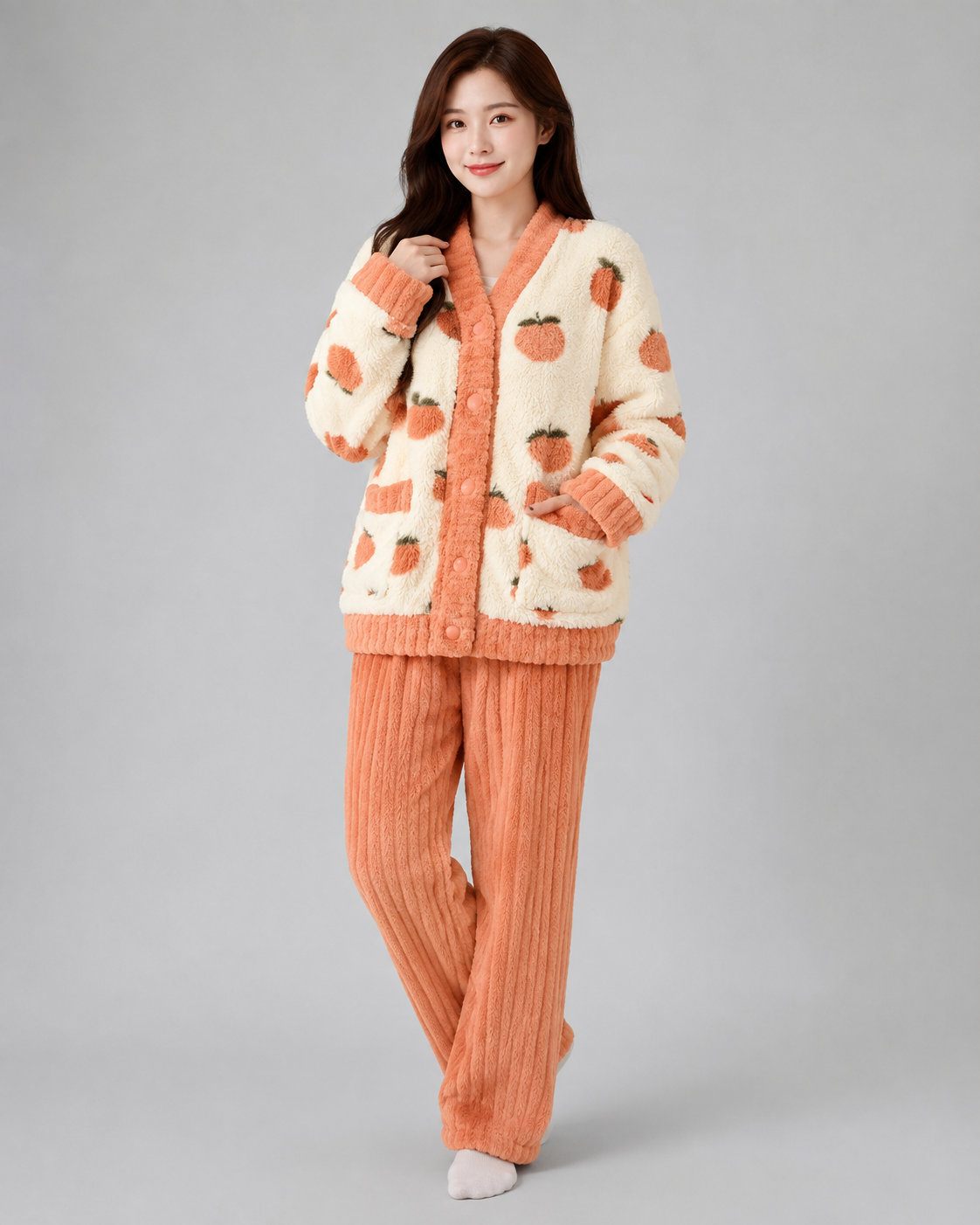Women's Flannel Coral Velvet Pajama Set – V-Neck Design with Strawberry Pattern