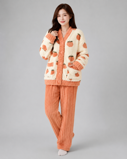 Women's Flannel Coral Velvet Pajama Set – V-Neck Design with Strawberry Pattern
