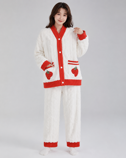 Women's Flannel Coral Velvet Pajama Set – V-Neck Design with Strawberry Pattern