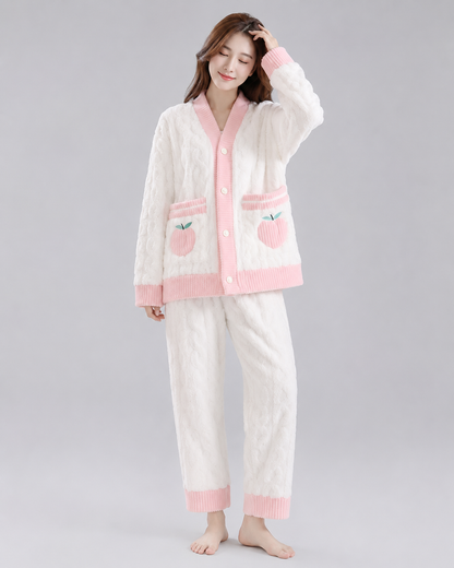 Women's Flannel Coral Velvet Pajama Set – V-Neck Design with Strawberry Pattern