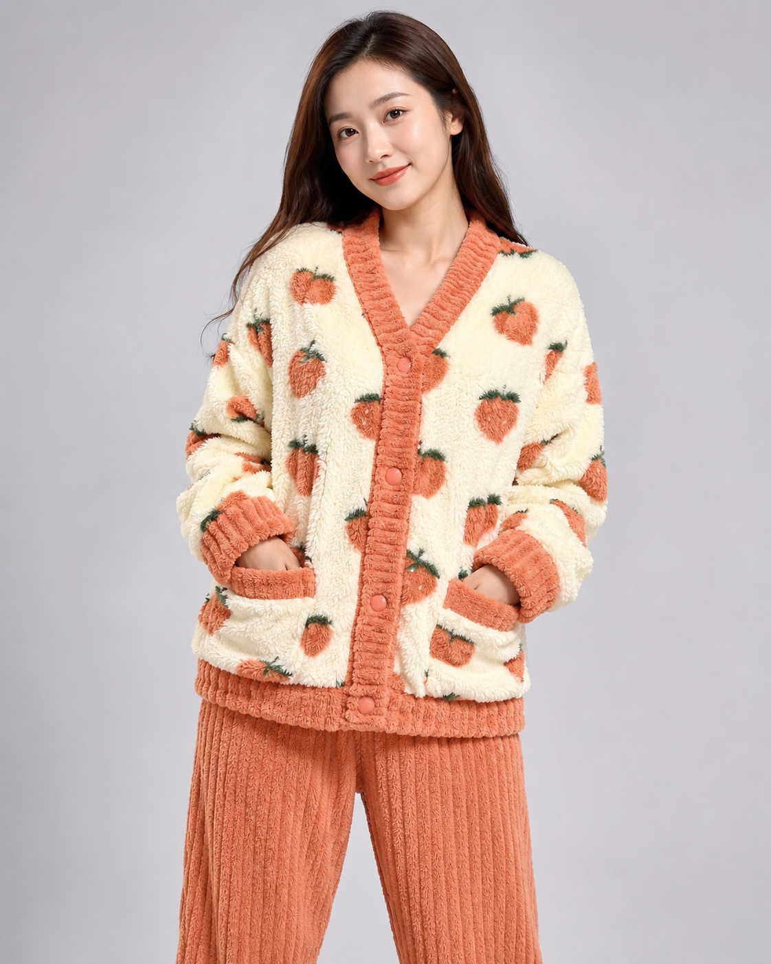 Women's Flannel Coral Velvet Pajama Set – V-Neck Design with Strawberry Pattern