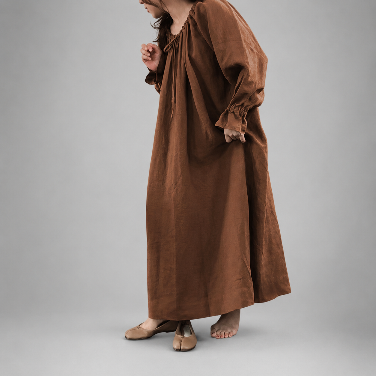 Women's Cotton Linen Maxi Dress – Long Sleeve with Ruffled Layers – A-line Silhouette