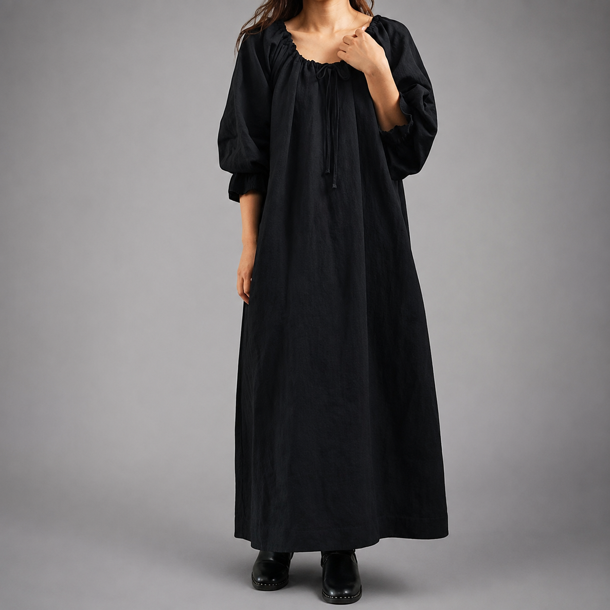Women's Cotton Linen Maxi Dress – Long Sleeve with Ruffled Layers – A-line Silhouette