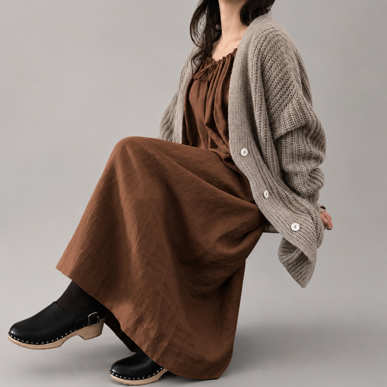 Women's Cotton Linen Maxi Dress – Long Sleeve with Ruffled Layers – A-line Silhouette