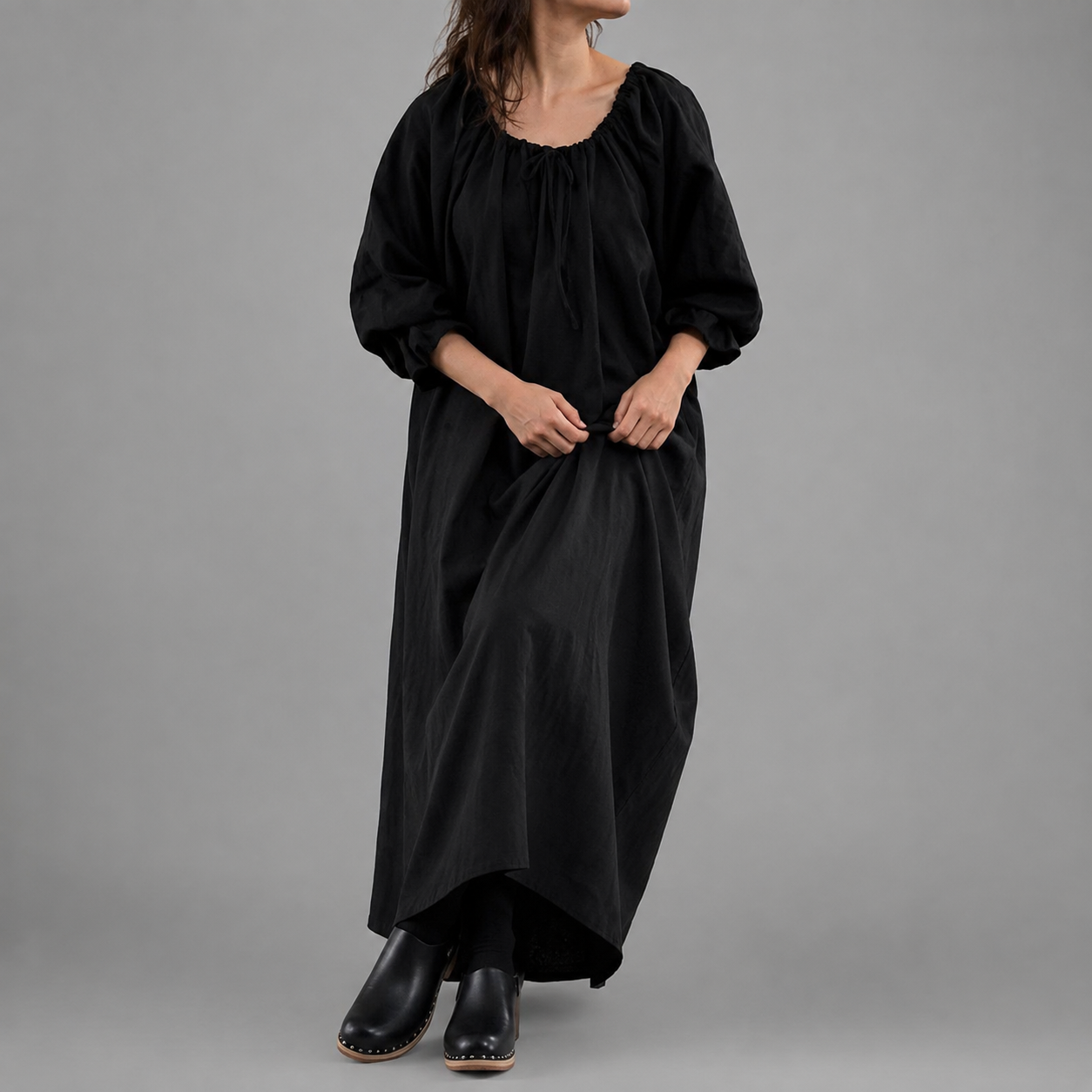 Women's Cotton Linen Maxi Dress – Long Sleeve with Ruffled Layers – A-line Silhouette