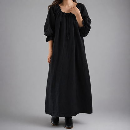 Women's Cotton Linen Maxi Dress – Long Sleeve with Ruffled Layers – A-line Silhouette