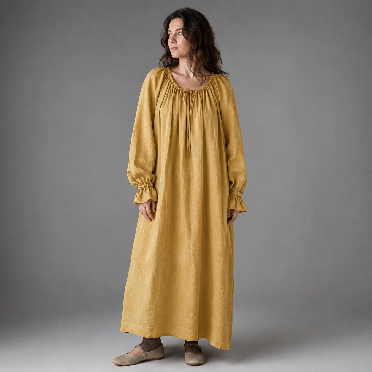 Women's Cotton Linen Maxi Dress – Long Sleeve with Ruffled Layers – A-line Silhouette