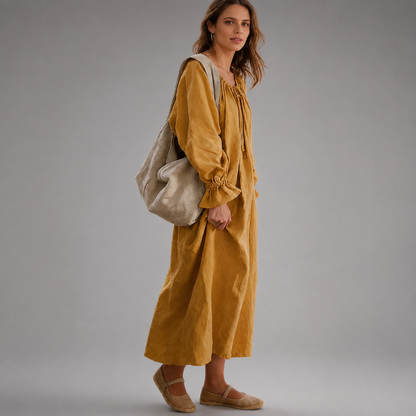 Women's Cotton Linen Maxi Dress – Long Sleeve with Ruffled Layers – A-line Silhouette