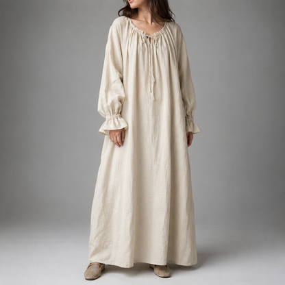 Women's Cotton Linen Maxi Dress – Long Sleeve with Ruffled Layers – A-line Silhouette