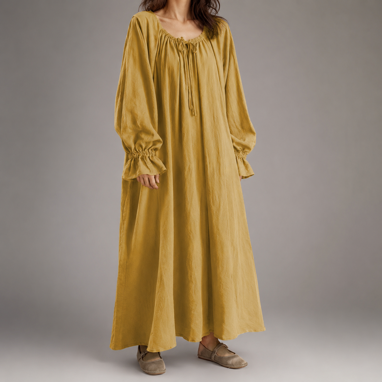 Women's Cotton Linen Maxi Dress – Long Sleeve with Ruffled Layers – A-line Silhouette