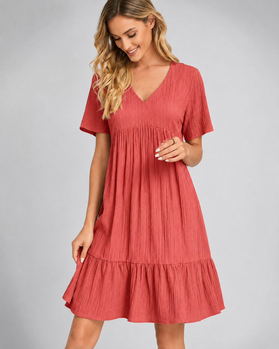 Women's Lightweight Bohemian Mini Dress – V Neck with Ruffles, A-Line Silhouette