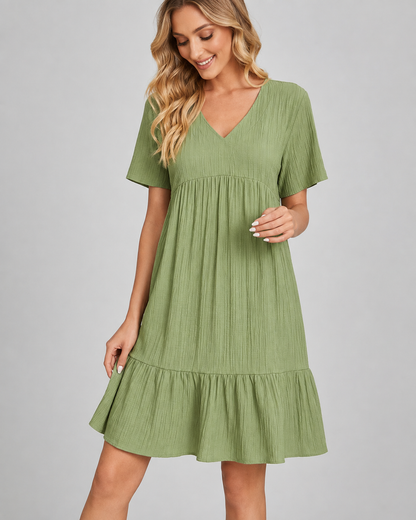 Women's Lightweight Bohemian Mini Dress – V Neck with Ruffles, A-Line Silhouette