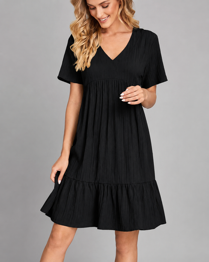 Women's Lightweight Bohemian Mini Dress – V Neck with Ruffles, A-Line Silhouette
