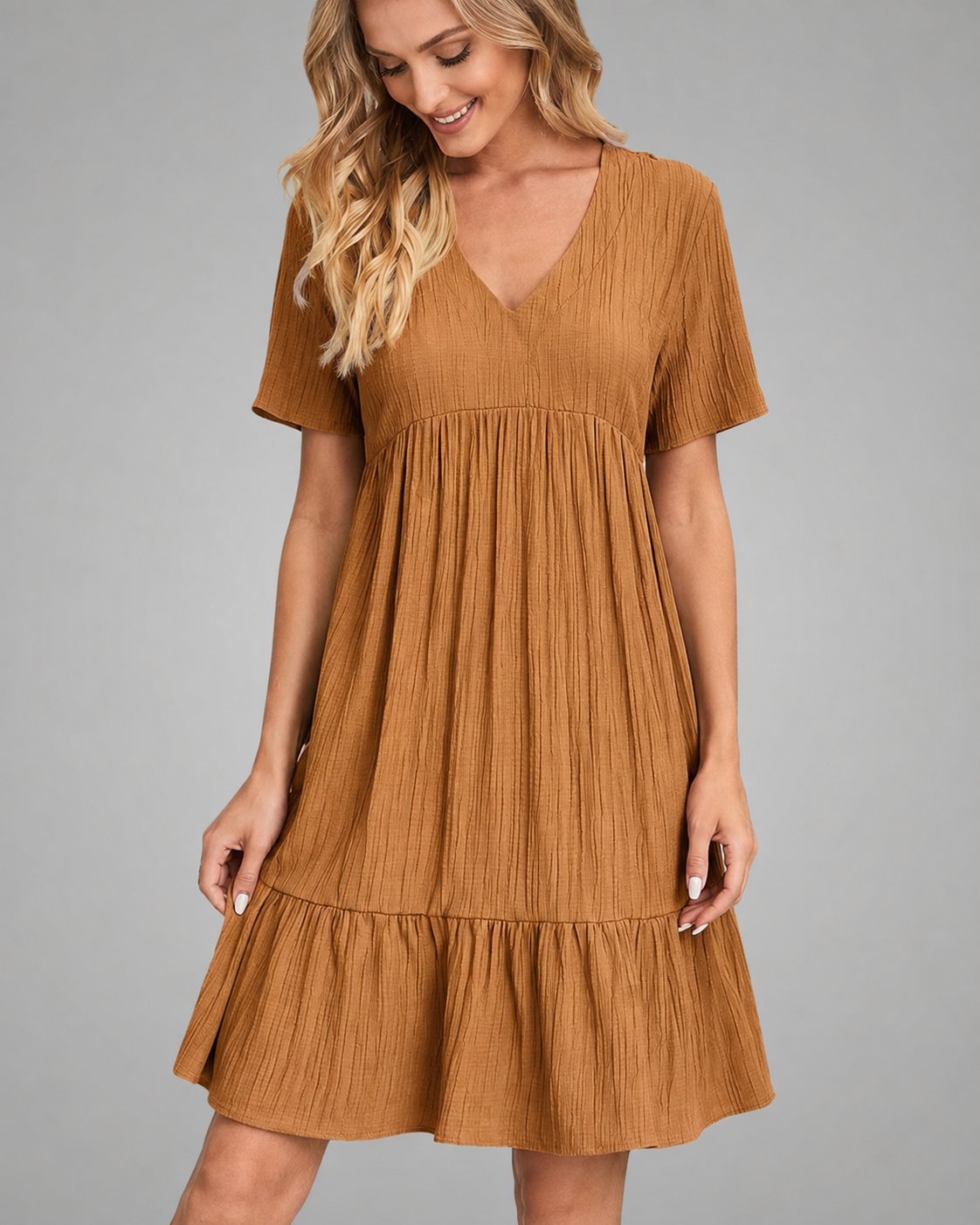 Women's Lightweight Bohemian Mini Dress – V Neck with Ruffles, A-Line Silhouette