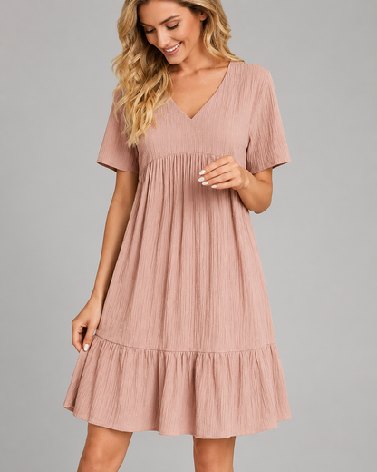 Women's Lightweight Bohemian Mini Dress – V Neck with Ruffles, A-Line Silhouette