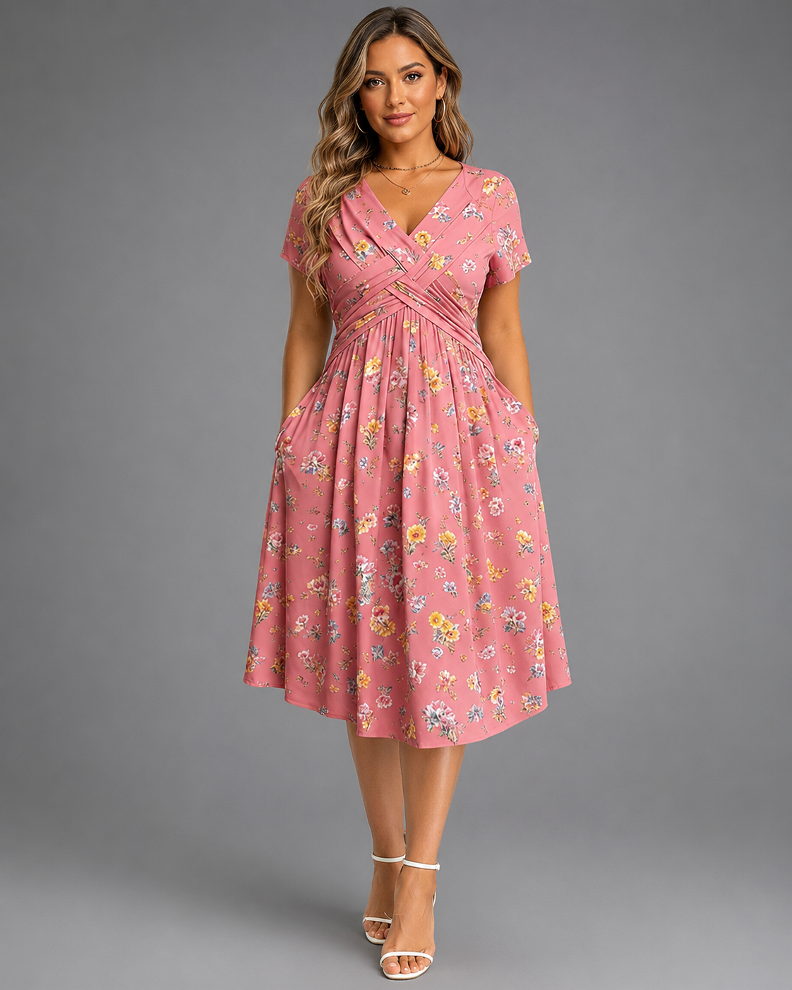 Women's Lightweight Floral Print Summer Dress – V-Neck with Twist Waist
