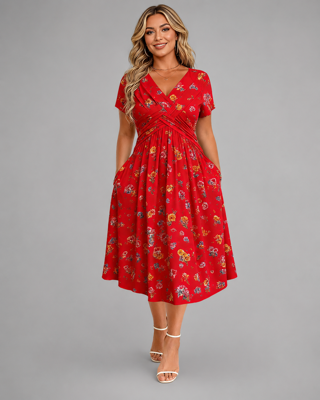 Women's Lightweight Floral Print Summer Dress – V-Neck with Twist Waist