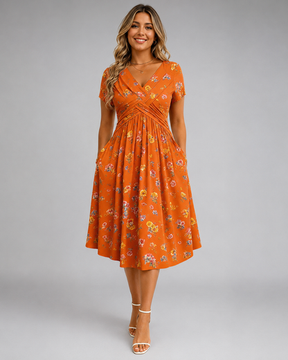 Women's Lightweight Floral Print Summer Dress – V-Neck with Twist Waist