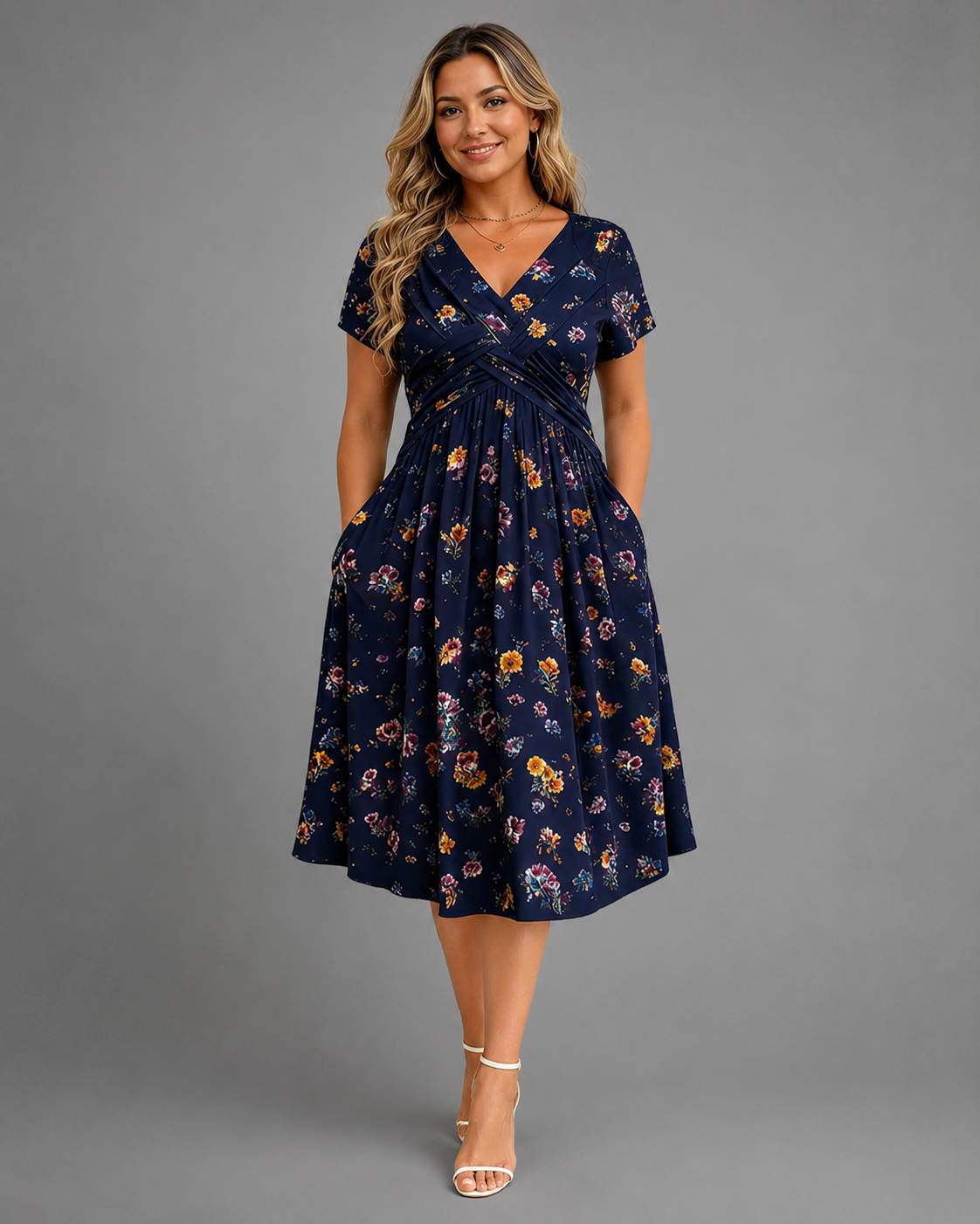 Women's Lightweight Floral Print Summer Dress – V-Neck with Twist Waist