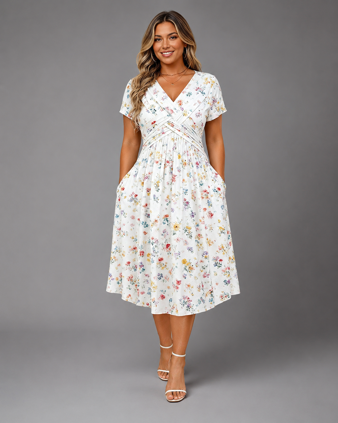 Women's Lightweight Floral Print Summer Dress – V-Neck with Twist Waist